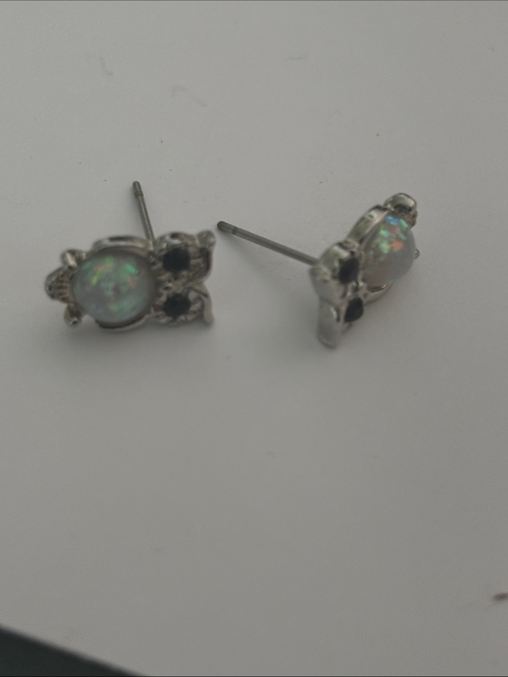 Sterling Silver Opal and Black Stone Stud Earrings - White Opal